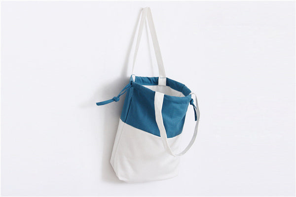 Teal & white cotton canvas drawstring totes bag