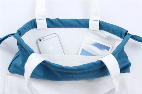 Teal & white cotton canvas shoulder totes bag