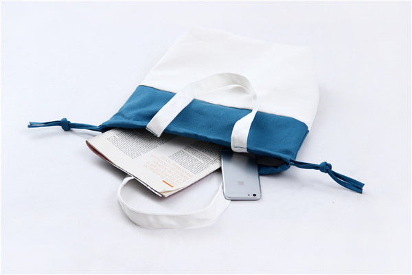 Teal & white cotton canvas shoulder bag tote bag