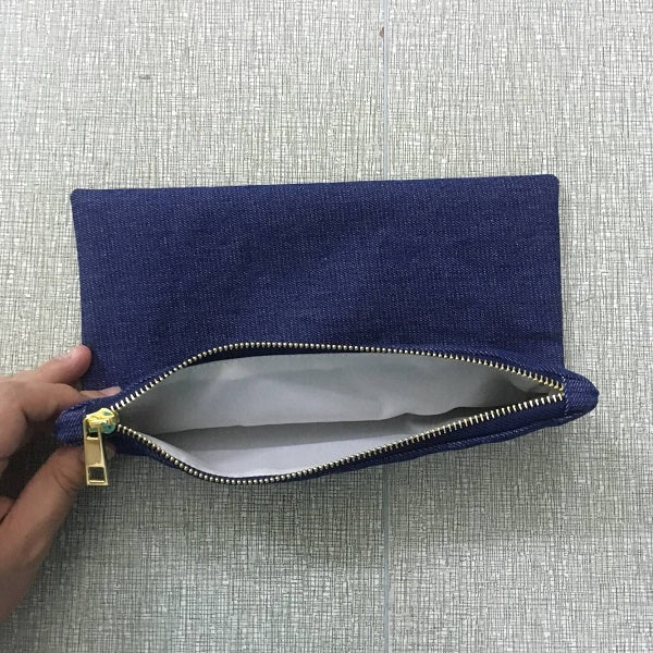 blank denim makeup bag plain cotton denim cosmetic bag clutch bag with gold metal zipper