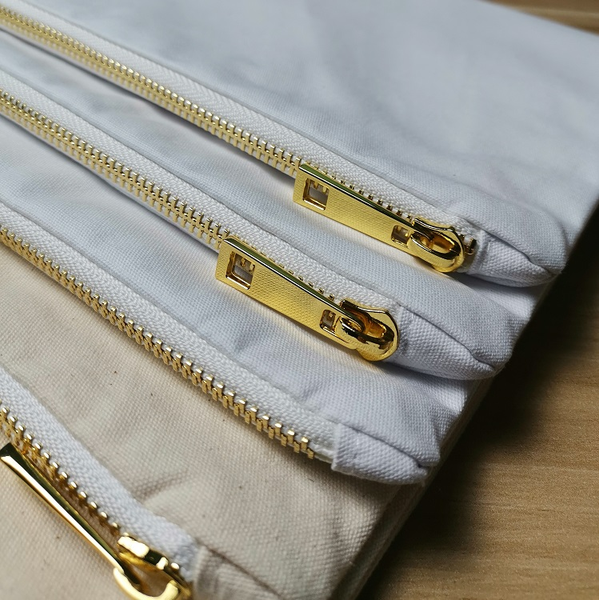 Blank White Cotton Makeup Bag for Personalized Crafting 8 oz Natural Canvas Cosmetic Bag Plain Clutch Bag with Golden Zipper (100pcs)